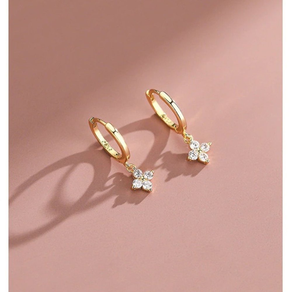 NEW S925 Sterling Silver Gold Flower Hoop Earrings